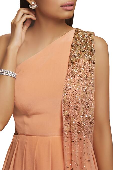 Shop_Shloka Khialani_Peach Net, Crepe, Cotton Satin One Shoulder Kurta Set _Online_at_Aza_Fashions