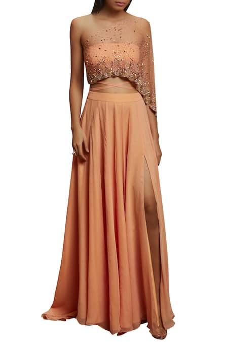Buy Shloka Khialani Peach Net, Crepe, Georgette One Shoulder Top And Skirt Set Online at Aza Fashions Buy_Shloka Khialani_Peach Net, Crepe, Georgette One Shoulder Top And Skirt Set _Online_at_Aza_Fashions