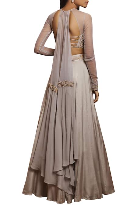Shop Shloka Khialani Grey Net, Crepe, Cotton Satin Diamond Neck Embroidered Lehenga Set at Aza Fashions Shop_Shloka Khialani_Grey Net, Crepe, Cotton Satin Diamond Neck Embroidered Lehenga Set _at_Aza_Fashions