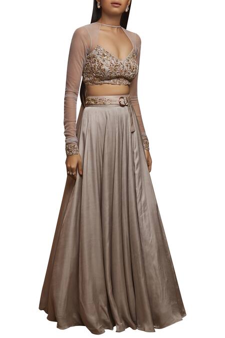 Shloka Khialani Grey Net, Crepe, Cotton Satin Diamond Neck Embroidered Lehenga Set Online at Aza Fashions Shloka Khialani_Grey Net, Crepe, Cotton Satin Diamond Neck Embroidered Lehenga Set _Online_at_Aza_Fashions