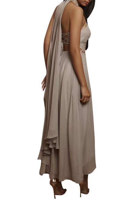 Shop Shloka Khialani Grey Net, Crepe, Georgette, Cotton Satin Halter Embroidered Kurta Set at Aza Fashions Shop_Shloka Khialani_Grey Net, Crepe, Georgette, Cotton Satin Halter Embroidered Kurta Set _at_Aza_Fashions