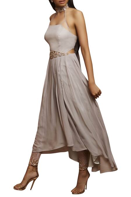 Shloka Khialani Grey Net, Crepe, Georgette, Cotton Satin Halter Embroidered Kurta Set Online at Aza Fashions Shloka Khialani_Grey Net, Crepe, Georgette, Cotton Satin Halter Embroidered Kurta Set _Online_at_Aza_Fashions