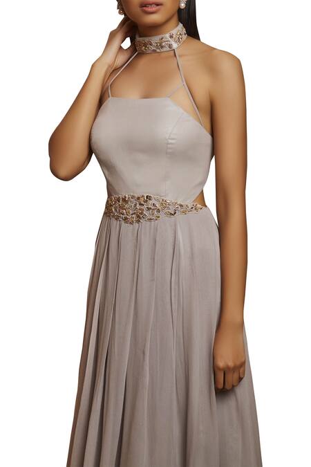 Shop Shloka Khialani Grey Net, Crepe, Georgette, Cotton Satin Halter Embroidered Kurta Set Online at Aza Fashions Shop_Shloka Khialani_Grey Net, Crepe, Georgette, Cotton Satin Halter Embroidered Kurta Set _Online_at_Aza_Fashions