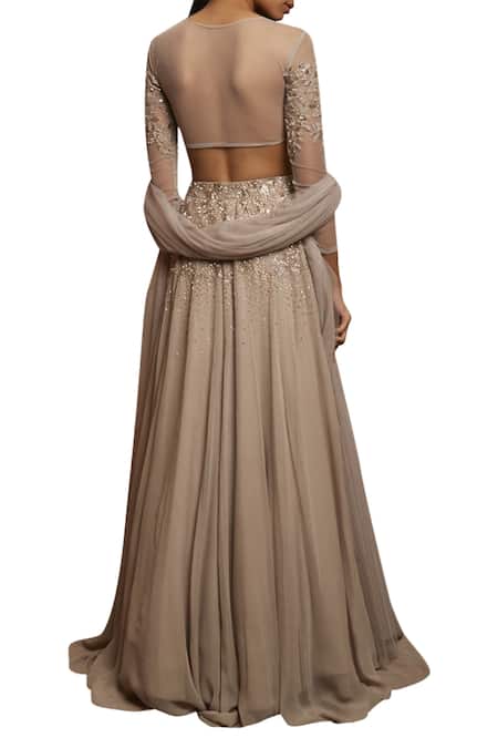 Shop Shloka Khialani Grey Silk, Net, Georgette, Santoon Round Embroidered Lehenga Set at Aza Fashions Shop_Shloka Khialani_Grey Silk, Net, Georgette, Santoon Round Embroidered Lehenga Set _at_Aza_Fashions