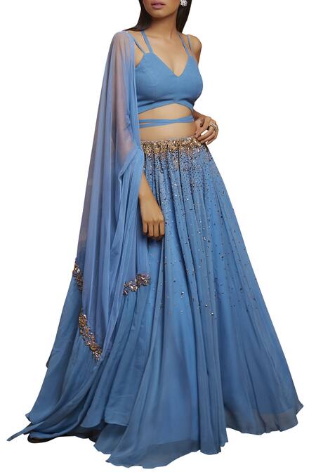 Buy Shloka Khialani Blue Net, Crepe, Georgette Halter Neckline Embroidered Lehenga Set Online at Aza Fashions Buy_Shloka Khialani_Blue Net, Crepe, Georgette Halter Neckline Embroidered Lehenga Set _Online_at_Aza_Fashions