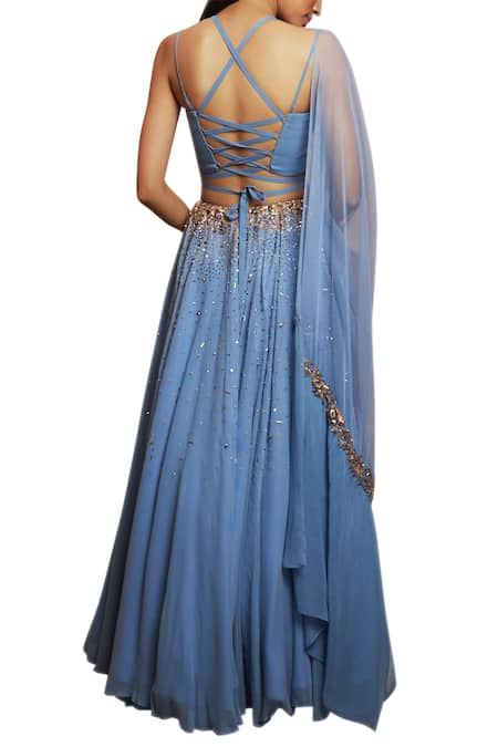 Shop Shloka Khialani Blue Net, Crepe, Georgette Halter Neckline Embroidered Lehenga Set at Aza Fashions Shop_Shloka Khialani_Blue Net, Crepe, Georgette Halter Neckline Embroidered Lehenga Set _at_Aza_Fashions