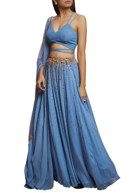 Shloka Khialani Blue Net, Crepe, Georgette Halter Neckline Embroidered Lehenga Set Online at Aza Fashions Shloka Khialani_Blue Net, Crepe, Georgette Halter Neckline Embroidered Lehenga Set _Online_at_Aza_Fashions