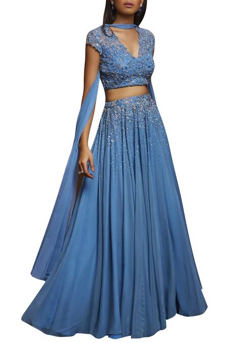 Buy Shloka Khialani Blue Net, Crepe, Georgette V Neck Embroidered Lehenga Set Online at Aza Fashions Buy_Shloka Khialani_Blue Net, Crepe, Georgette V Neck Embroidered Lehenga Set _Online_at_Aza_Fashions
