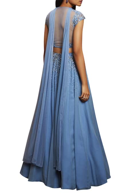 Shop Shloka Khialani Blue Net, Crepe, Georgette V Neck Embroidered Lehenga Set at Aza Fashions Shop_Shloka Khialani_Blue Net, Crepe, Georgette V Neck Embroidered Lehenga Set _at_Aza_Fashions