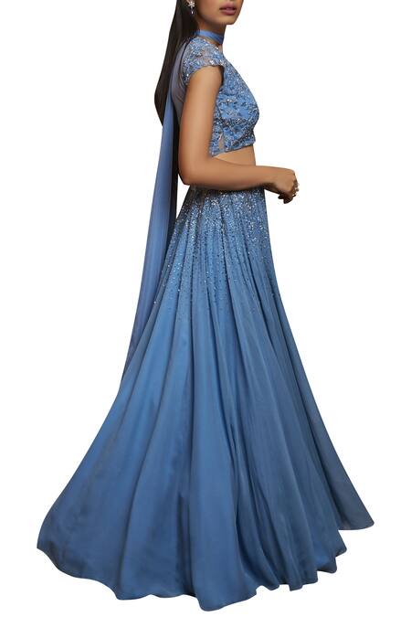 Shloka Khialani Blue Net, Crepe, Georgette V Neck Embroidered Lehenga Set Online at Aza Fashions Shloka Khialani_Blue Net, Crepe, Georgette V Neck Embroidered Lehenga Set _Online_at_Aza_Fashions