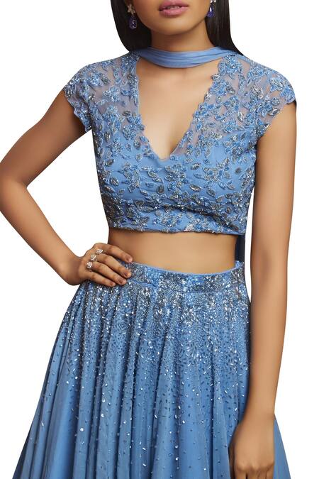 Shop Shloka Khialani Blue Net, Crepe, Georgette V Neck Embroidered Lehenga Set Online at Aza Fashions Shop_Shloka Khialani_Blue Net, Crepe, Georgette V Neck Embroidered Lehenga Set _Online_at_Aza_Fashions