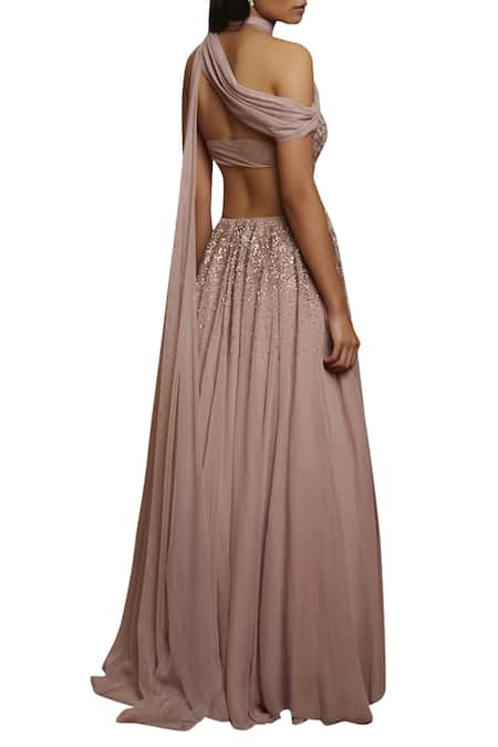 Shop Shloka Khialani Purple Net, Crepe, Georgette Halter Neckline Embroidered Anarkali With Dupatta at Aza Fashions Shop_Shloka Khialani_Purple Net, Crepe, Georgette Halter Neckline Embroidered Anarkali With Dupatta _at_Aza_Fashions