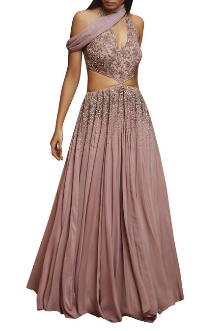 Shloka Khialani Purple Net, Crepe, Georgette Halter Neckline Embroidered Anarkali With Dupatta Online at Aza Fashions Shloka Khialani_Purple Net, Crepe, Georgette Halter Neckline Embroidered Anarkali With Dupatta _Online_at_Aza_Fashions