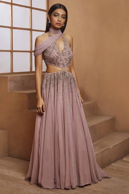 Buy Shloka Khialani Purple Net, Crepe, Georgette Halter Neckline Embroidered Anarkali With Dupatta Online at Aza Fashions Buy_Shloka Khialani_Purple Net, Crepe, Georgette Halter Neckline Embroidered Anarkali With Dupatta _Online_at_Aza_Fashions