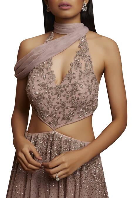 Shop Shloka Khialani Purple Net, Crepe, Georgette Halter Neckline Embroidered Anarkali With Dupatta Online at Aza Fashions Shop_Shloka Khialani_Purple Net, Crepe, Georgette Halter Neckline Embroidered Anarkali With Dupatta _Online_at_Aza_Fashions