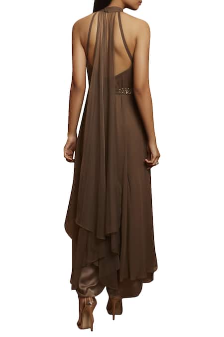 Shop Shloka Khialani Green Net, Satin Silk, Crepe, Georgette Halter Draped Overlay Jumpsuit at Aza Fashions Shop_Shloka Khialani_Green Net, Satin Silk, Crepe, Georgette Halter Draped Overlay Jumpsuit _at_Aza_Fashions