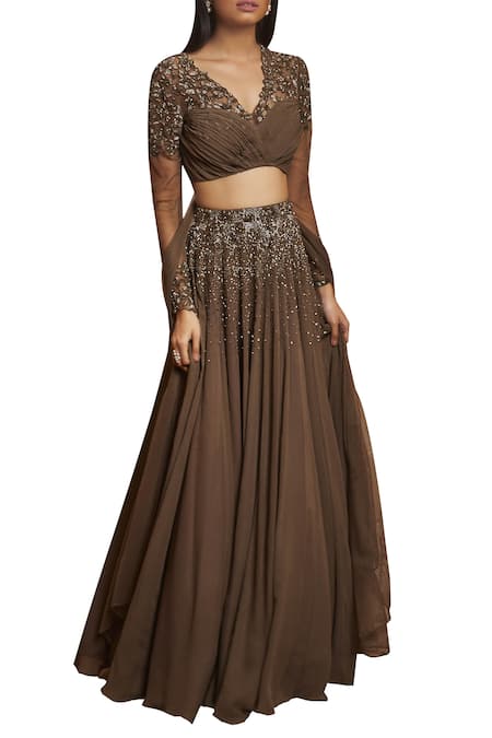 Buy Shloka Khialani Green Net, Crepe, Georgette V Neck Embroidered Lehenga Set Online at Aza Fashions Buy_Shloka Khialani_Green Net, Crepe, Georgette V Neck Embroidered Lehenga Set _Online_at_Aza_Fashions