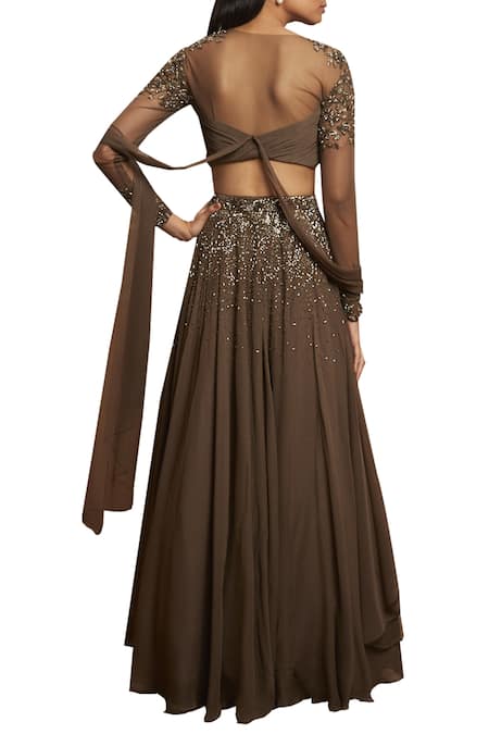 Shop Shloka Khialani Green Net, Crepe, Georgette V Neck Embroidered Lehenga Set at Aza Fashions Shop_Shloka Khialani_Green Net, Crepe, Georgette V Neck Embroidered Lehenga Set _at_Aza_Fashions