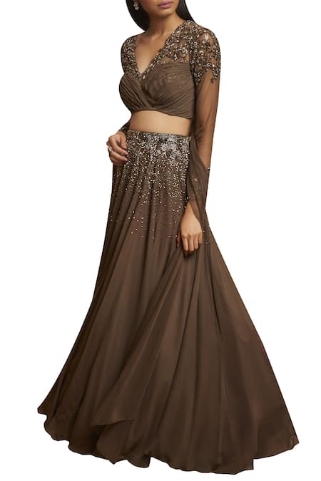 Shloka Khialani Green Net, Crepe, Georgette V Neck Embroidered Lehenga Set Online at Aza Fashions Shloka Khialani_Green Net, Crepe, Georgette V Neck Embroidered Lehenga Set _Online_at_Aza_Fashions