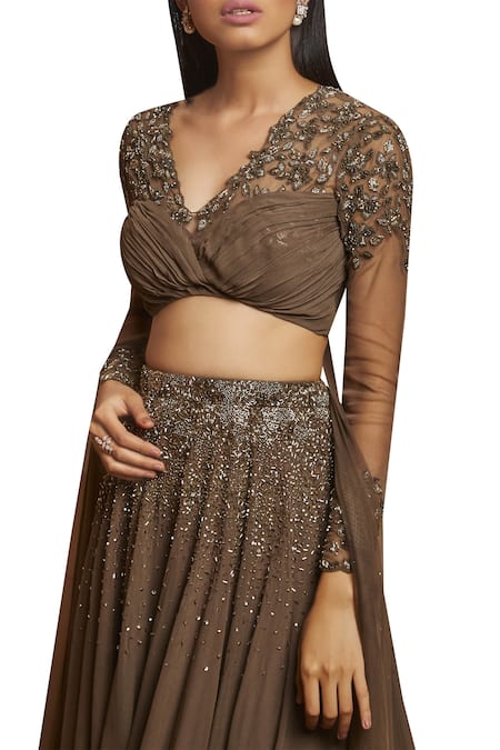 Shop Shloka Khialani Green Net, Crepe, Georgette V Neck Embroidered Lehenga Set Online at Aza Fashions Shop_Shloka Khialani_Green Net, Crepe, Georgette V Neck Embroidered Lehenga Set _Online_at_Aza_Fashions