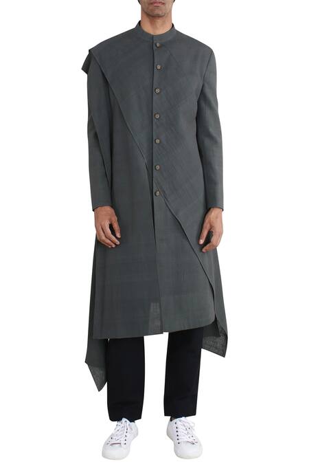Buy_Antar Agni_Green Handwoven Cotton Asymmetric Jacket _Online_at_Aza_Fashions