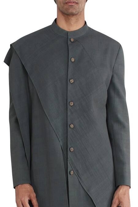 Antar Agni_Green Handwoven Cotton Asymmetric Jacket _at_Aza_Fashions