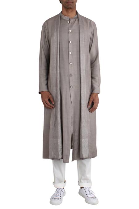 Buy_Antar Agni_Grey Silk Overlay Long Kurta _Online_at_Aza_Fashions