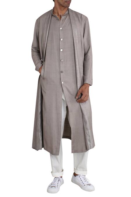 Antar Agni_Grey Silk Overlay Long Kurta _Online_at_Aza_Fashions