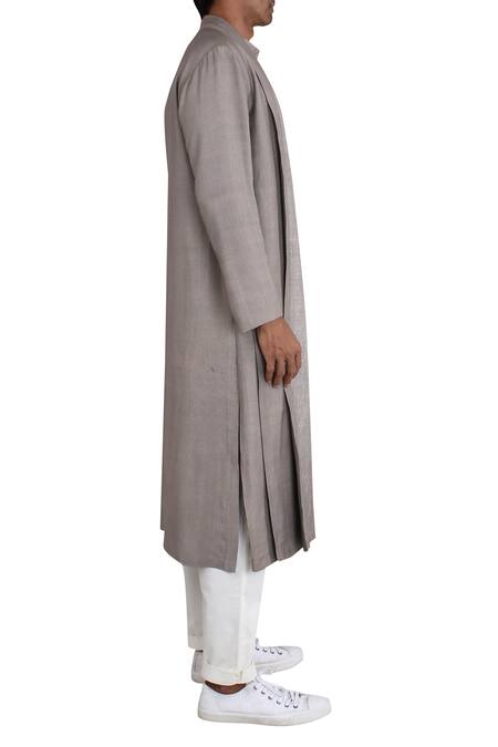 Shop_Antar Agni_Grey Silk Overlay Long Kurta _Online_at_Aza_Fashions