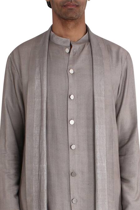 Antar Agni_Grey Silk Overlay Long Kurta _at_Aza_Fashions