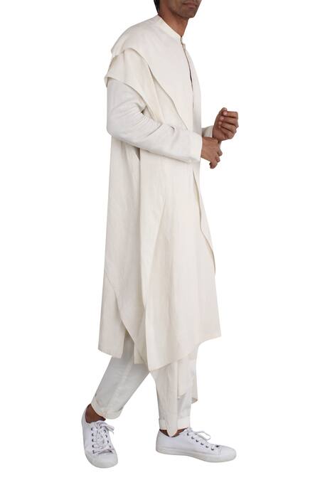 Antar Agni_Green Linen Overlay Kurta_Online_at_Aza_Fashions