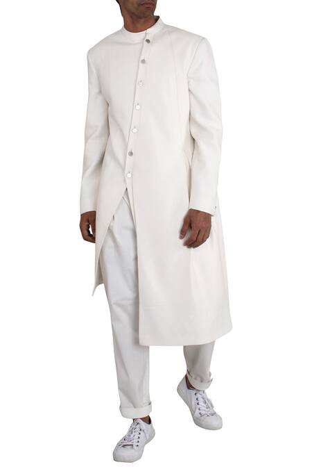 Antar Agni_Off White Silk Asymmetric Sherwani_Online_at_Aza_Fashions
