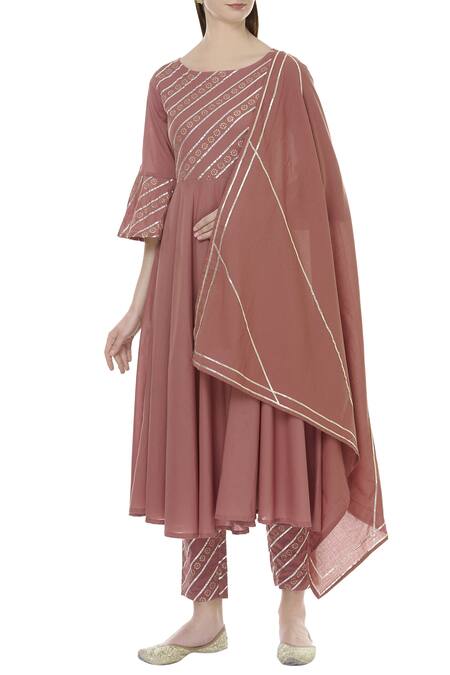 Samyukta Singhania_Brown Cotton Gota Patti Round Neck Mauve Embroidered Anarkali Set_Online_at_Aza_Fashions