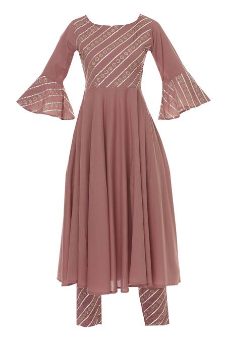 Buy_Samyukta Singhania_Brown Cotton Gota Patti Round Neck Mauve Embroidered Anarkali Set_Online_at_Aza_Fashions