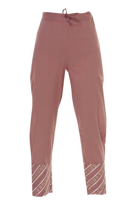 Shop_Samyukta Singhania_Brown Cotton Gota Patti Round Neck Mauve Embroidered Anarkali Set_Online_at_Aza_Fashions