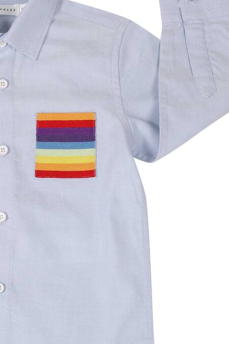 Partykles_Blue Oxford, Cotton Patchwork Rainbow Pocket Shirt_Online_at_Aza_Fashions