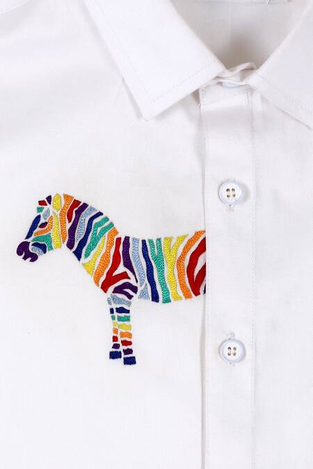 Partykles White Cotton Embroidery Zebra Shirt Online at Aza Fashions Partykles_White Cotton Embroidery Zebra Shirt _Online_at_Aza_Fashions
