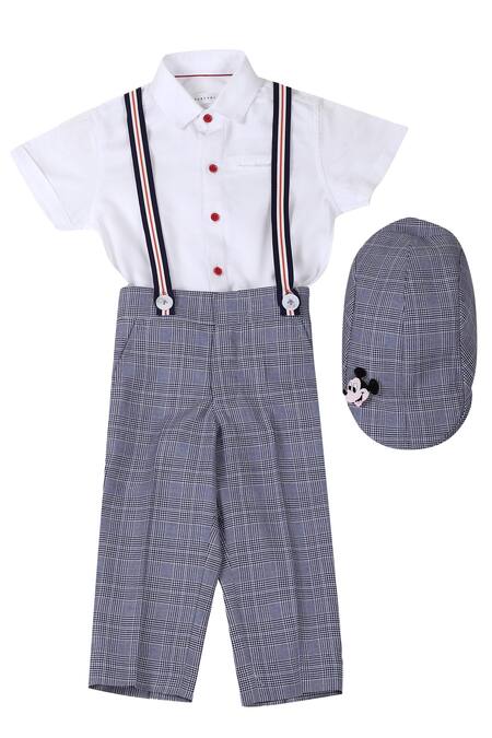 Partykles Blue Terryrayon Checkered Pant And Shirt Set With Suspender