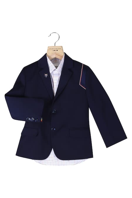 Partykles White Terryrayon Blue Blazer Jacket And Checkered Shirt Set 