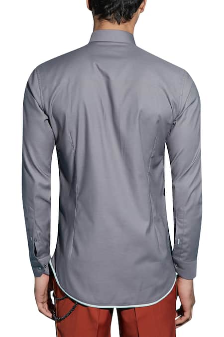 Shop_Sahil Aneja_Grey Cotton Stand Fall Collar Shirt _at_Aza_Fashions