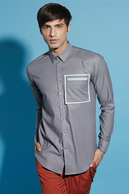 Sahil Aneja_Grey Cotton Stand Fall Collar Shirt _Online_at_Aza_Fashions