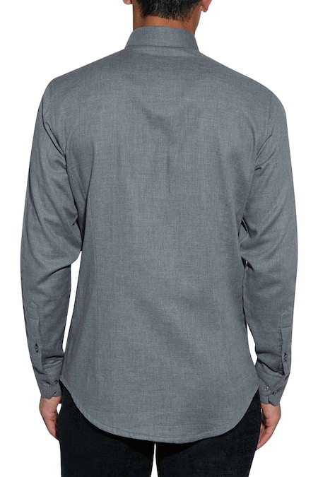 Shop_Sahil Aneja_Grey Cotton Stand And Fall Collar Shirt_at_Aza_Fashions