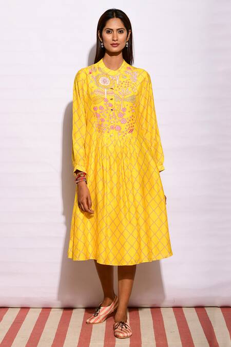 Swati Vijaivargie_Yellow Cotton Silk Band Collar Printed Flared Tunic_Online_at_Aza_Fashions