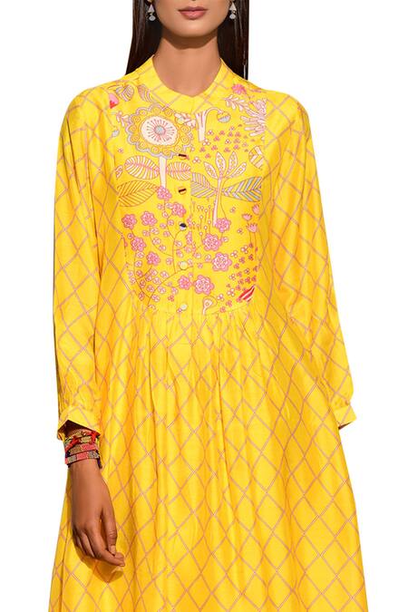 Buy_Swati Vijaivargie_Yellow Cotton Silk Band Collar Printed Flared Tunic_Online_at_Aza_Fashions