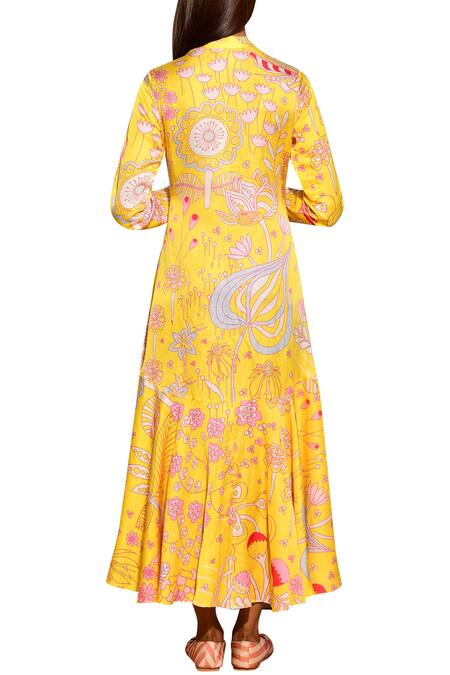 Shop Swati Vijaivargie Yellow Linen Satin Band Collar Floral Print Tunic at Aza Fashions Shop_Swati Vijaivargie_Yellow Linen Satin Band Collar Floral Print Tunic_at_Aza_Fashions