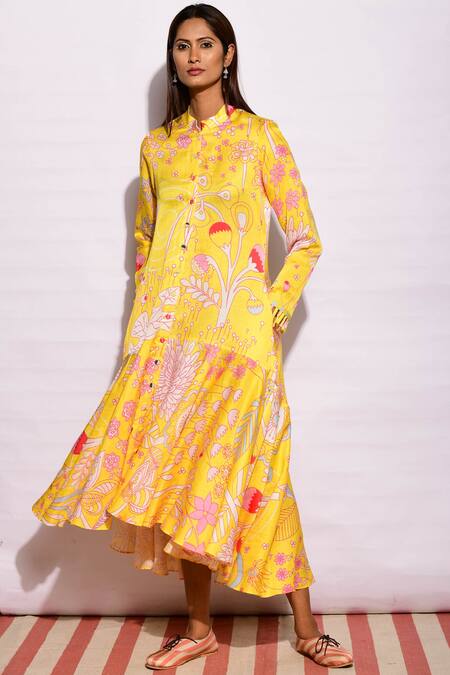 Swati Vijaivargie_Yellow Linen Satin Band Collar Floral Print Tunic_Online_at_Aza_Fashions