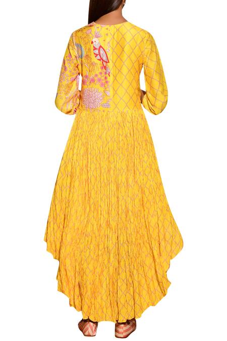 Shop Swati Vijaivargie Yellow Cotton Silk V Neck High Low Tunic at Aza Fashions Shop_Swati Vijaivargie_Yellow Cotton Silk V Neck High Low Tunic_at_Aza_Fashions