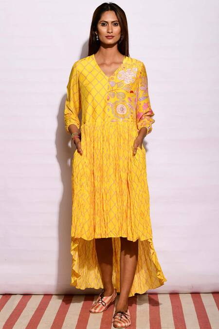 Swati Vijaivargie Yellow Cotton Silk V Neck High Low Tunic Online at Aza Fashions Swati Vijaivargie_Yellow Cotton Silk V Neck High Low Tunic_Online_at_Aza_Fashions