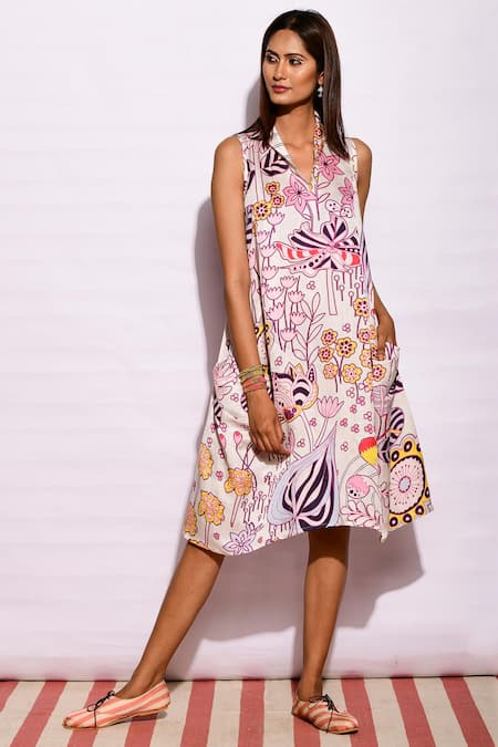 Swati Vijaivargie Off White Linen Satin Shawl Collar Printed Flared Dress Online at Aza Fashions Swati Vijaivargie_Off White Linen Satin Shawl Collar Printed Flared Dress_Online_at_Aza_Fashions