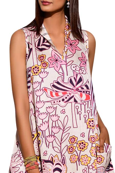 Buy Swati Vijaivargie Off White Linen Satin Shawl Collar Printed Flared Dress Online at Aza Fashions Buy_Swati Vijaivargie_Off White Linen Satin Shawl Collar Printed Flared Dress_Online_at_Aza_Fashions